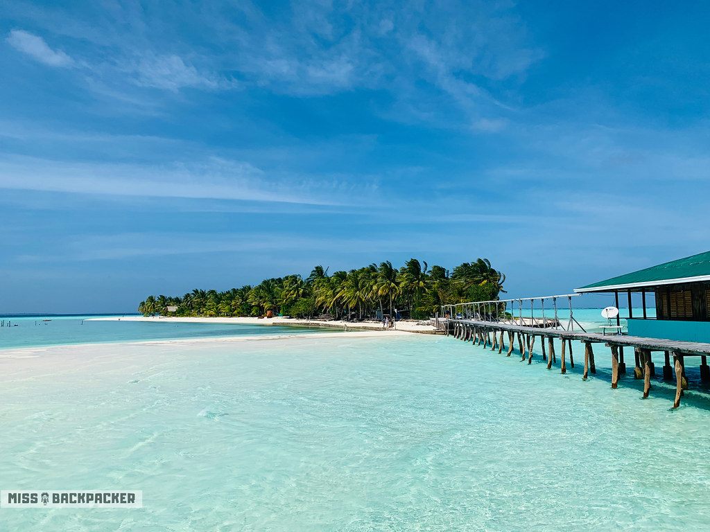 Tropical island shoreline with clear blue water