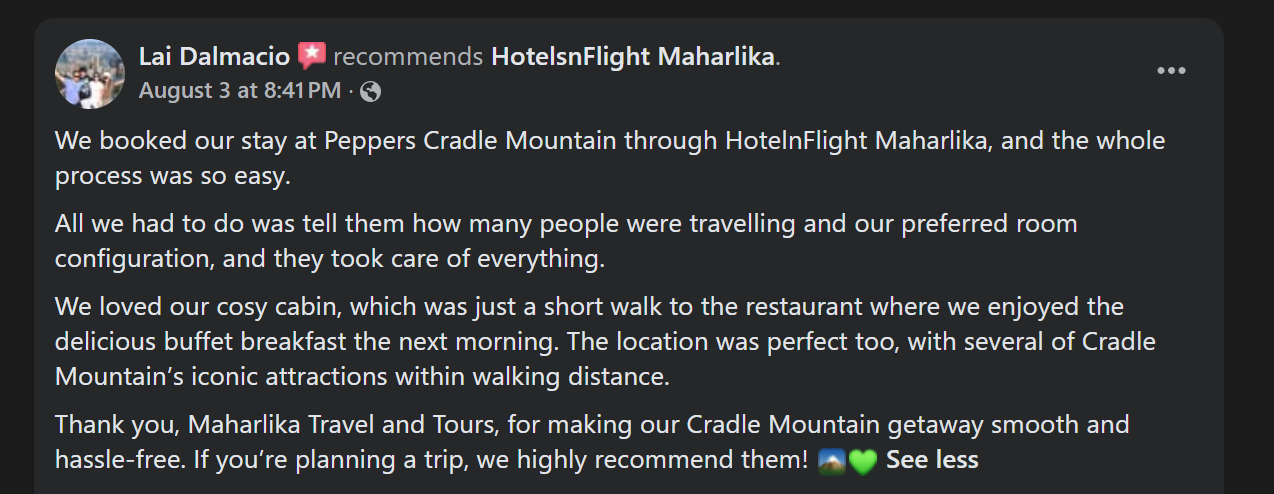 Facebook recommendation from Lai Dalmacio about a Cradle Mountain stay booked through HotelsNFlight Maharlika