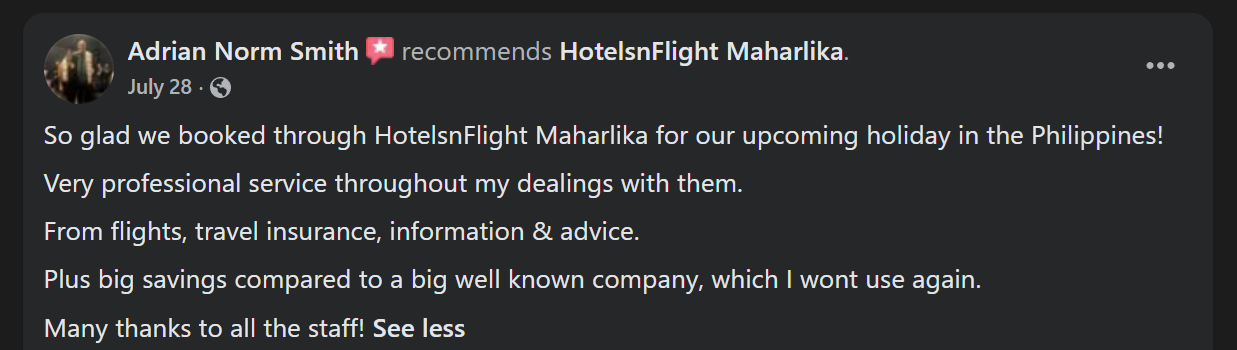 Facebook recommendation from Adrian Norm Smith about a Philippines holiday booked through HotelsNFlight Maharlika
